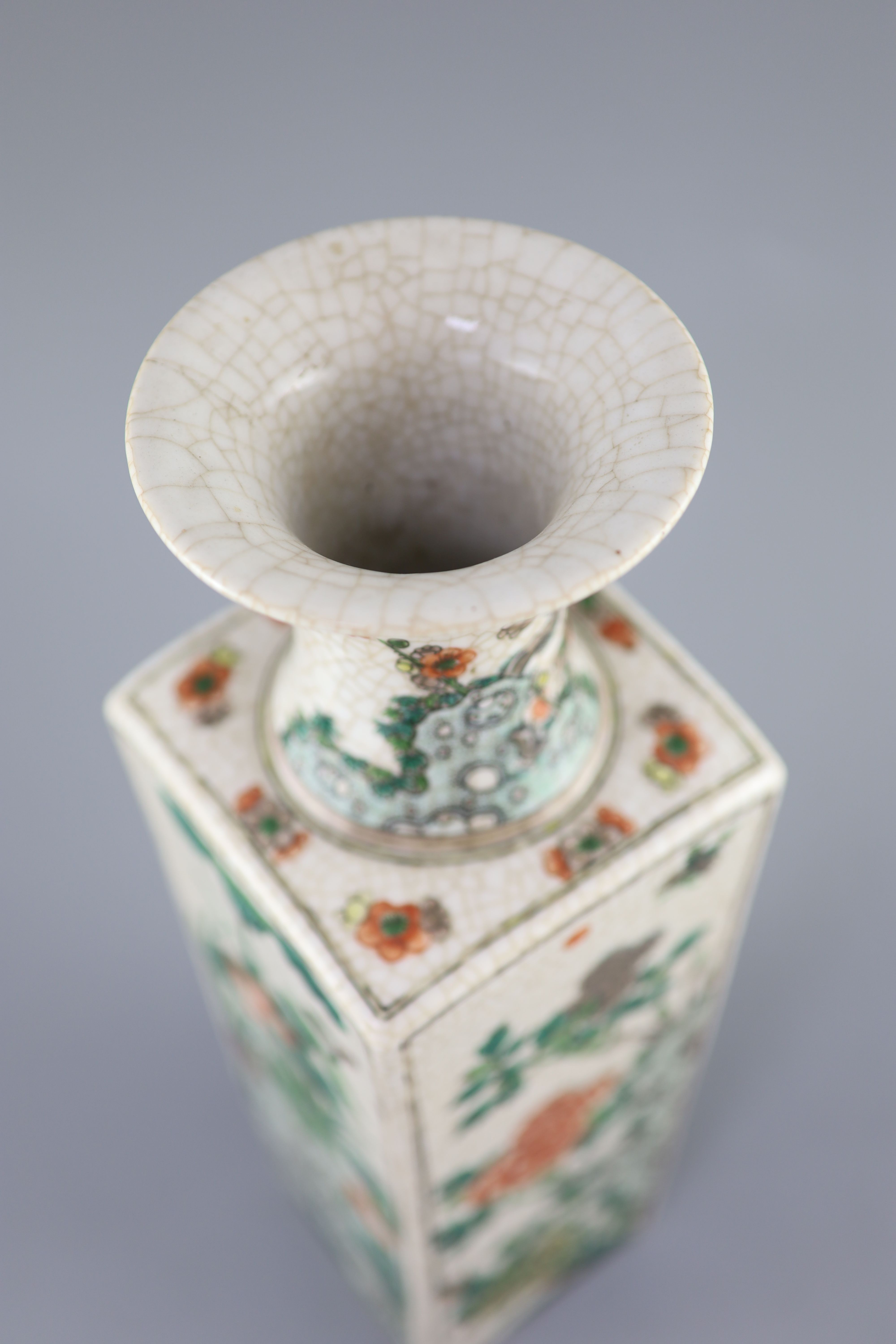 A Chinese famille verte crackle glaze square vase, late 19th century, 40cm high